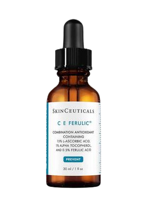 SkinCeuticals C E Ferulic antioxidant serum in amber glass dropper bottle with white label, a vitamin C, vitamin E, and ferulic acid formula designed to brighten skin and protect against environmental damage.