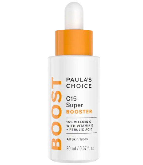 Paula’s Choice C15 Super Booster vitamin C serum in a sleek dropper bottle, formulated with 15% vitamin C, vitamin E, and ferulic acid to improve brightness and reduce signs of aging.