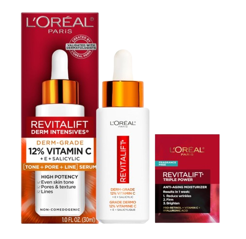 L’Oréal Paris Revitalift Derm Intensives 12% Pure Vitamin C serum in white bottle with dropper and red packaging, designed to brighten skin tone and visibly reduce pores and fine lines.
