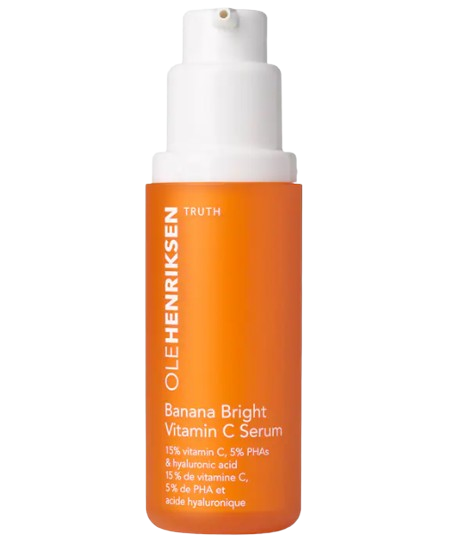 Ole Henriksen Banana Bright+ Vitamin C Serum in vibrant orange pump bottle, formulated with vitamin C and exfoliating acids to visibly brighten dull skin and improve texture.