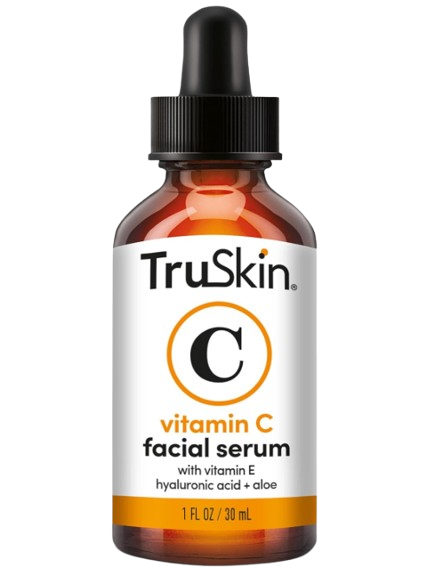 TruSkin Vitamin C facial serum in amber dropper bottle with white and orange label, formulated with vitamin C, vitamin E, hyaluronic acid, and aloe to brighten and hydrate skin.