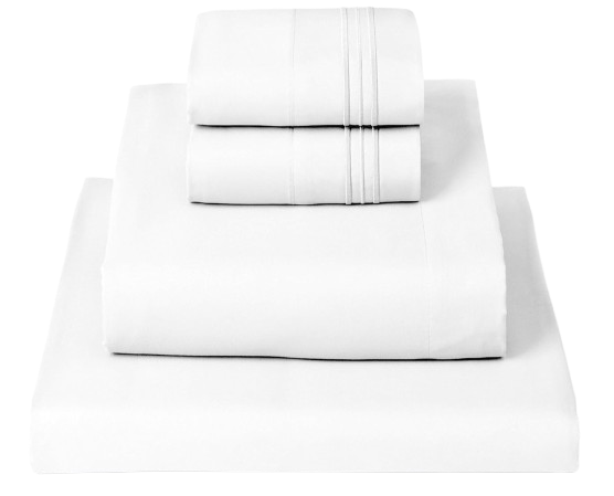 White Mellanni queen sheet set including fitted sheet, flat sheet, and pillowcases with subtle stitched detailing, shown neatly folded to highlight smooth, wrinkle-resistant microfiber fabric.