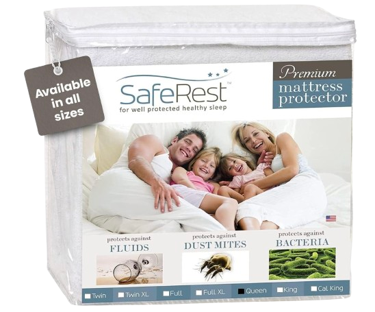 SafeRest premium queen mattress protector in zippered packaging, highlighting waterproof protection against fluids, dust mites, and bacteria with soft, breathable fabric.