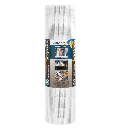 Duck Brand Easy Liner shelf liner roll in white textured grip material, designed for non-slip drawer and shelf protection, shown with product label and usage examples.