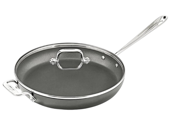 All-Clad 12-inch hard anodized nonstick fry pan with flat cooking surface, sloped sides, and stainless steel handle, designed for even heat distribution and easy food release.