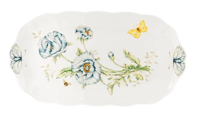 Lenox Butterfly Meadow large oval serving platter in white porcelain featuring delicate blue floral illustrations with butterflies and greenery, finished with a softly scalloped edge for an elegant, garden-inspired table setting.