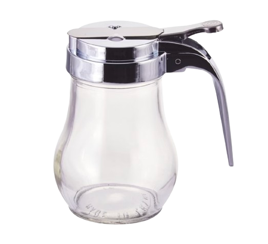 Winco glass syrup dispenser with clear bulb-shaped body and chrome-plated flip-top lid, featuring an easy-pour spout and sturdy handle for serving syrup, honey, or sauces without drips.