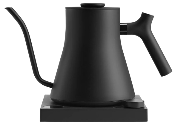 Fellow Stagg EKG electric kettle in matte black with a sleek, minimalist design, featuring a precision gooseneck spout, ergonomic handle, and temperature-controlled base for perfectly brewed coffee or tea.