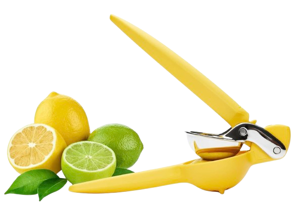 Chef’n FreshForce citrus juicer in bright yellow with dual-gear mechanism, designed for efficient squeezing of lemons and limes, shown alongside fresh citrus for easy, mess-free juice extraction.
