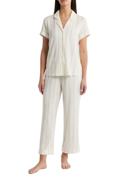 Nordstrom Moonlight Eco crop pajama set in soft ivory with subtle vertical pinstripes, featuring a short-sleeve button-front top and cropped pants with a relaxed, comfortable fit.