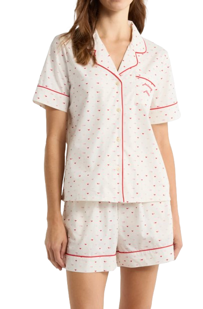 Nordstrom Classic short cotton pajama set in soft ivory with tiny red heart print, featuring a short-sleeve button-front top with contrast piping and matching relaxed-fit shorts.
