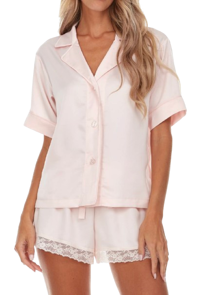 Selena satin charmeuse short pajama set in soft blush pink, featuring a silky button-front short-sleeve top and matching shorts with delicate lace trim for a feminine, polished look.