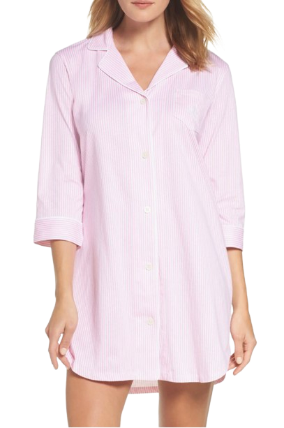 Lauren Ralph Lauren cotton jersey sleep shirt in soft pink and white pinstripes, featuring a button-front design, chest pocket, and three-quarter sleeves for a relaxed, comfortable fit.