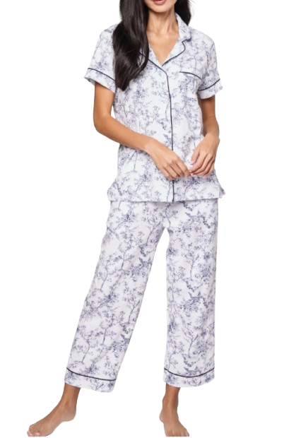 Petite Plume pajama set in soft white Pima cotton with delicate blue toile print, featuring a short-sleeve button-front top with contrast piping and matching relaxed-fit pants for a classic, breathable sleepwear look.