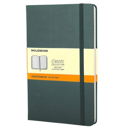Moleskine Classic hardcover notebook in dark green with an elastic closure band, rounded corners, and ruled pages, designed for journaling, note-taking, or planning.