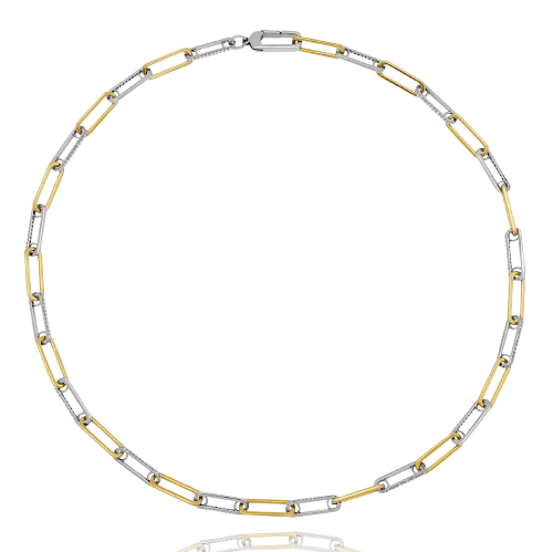 Two-tone paperclip chain necklace with alternating gold and silver links, accented with subtle cubic zirconia detailing.