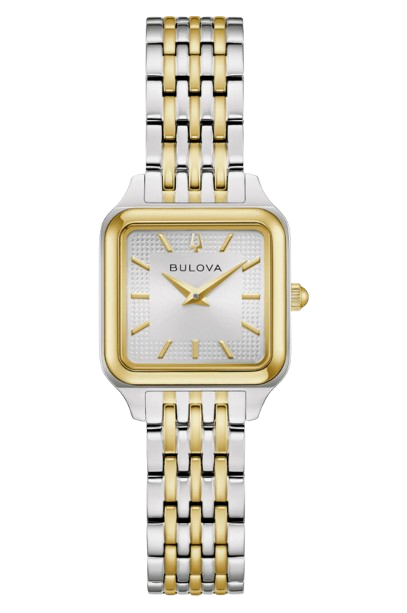 Bulova Sutton square-face watch with a silver dial, gold-tone bezel, and two-tone stainless steel bracelet with gold center links.