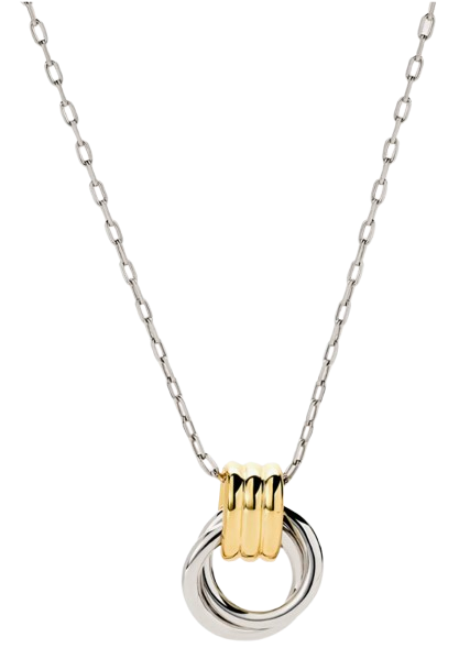 Delicate chain necklace with mixed metal pendant featuring interlocking gold and silver rings suspended from a fine silver chain.