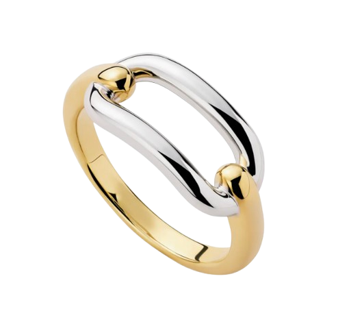 Two-tone statement ring with intertwined gold and silver bands in a sculptural, high-polish finish.