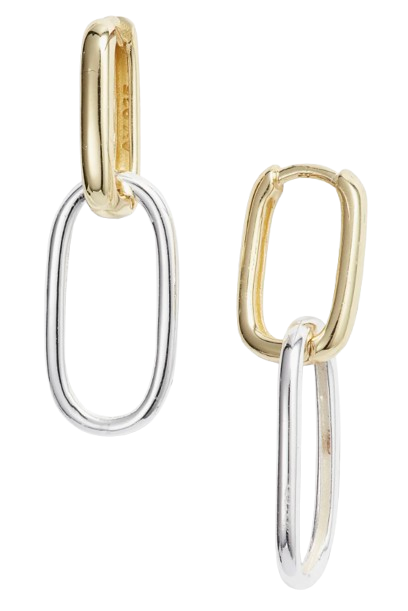 Two-tone drop earrings with elongated oval links, combining polished gold and silver interlocking shapes for a modern look.