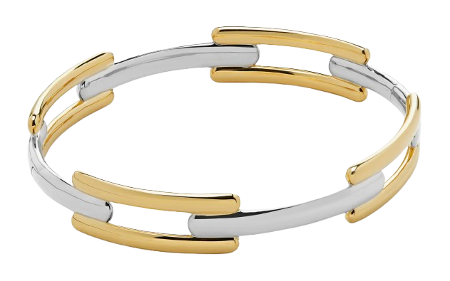 Two-tone link bangle bracelet featuring alternating polished gold and silver curved bar links in an open cuff design.