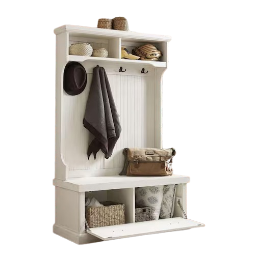 Crosley Seaside white hall tree with beadboard backing, upper cubbies, coat hooks, and a bench with storage baskets, styled with hats, bags, and entryway essentials.