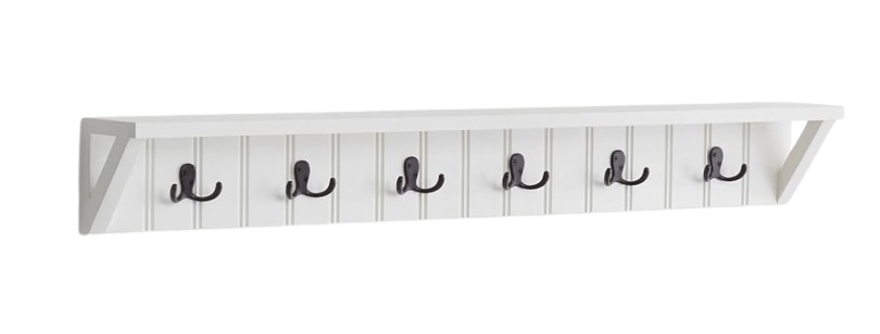Pottery Barn Aubrey entryway wall-mounted shelf with a row of dark metal hooks and a top ledge, designed for hanging coats, bags, and accessories.