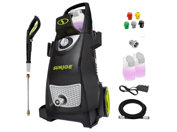 Sun Joe SPX3000 electric pressure washer with a black and green body, spray wand, hose, and interchangeable nozzles, designed for cleaning outdoor surfaces and equipment.