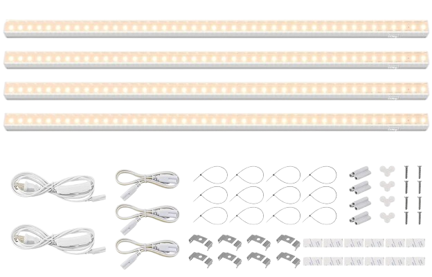 Set of four slim Barrina T5 LED grow light bars with warm white illumination, shown with included mounting clips, connectors, power cords, and adhesive strips for indoor plant lighting.