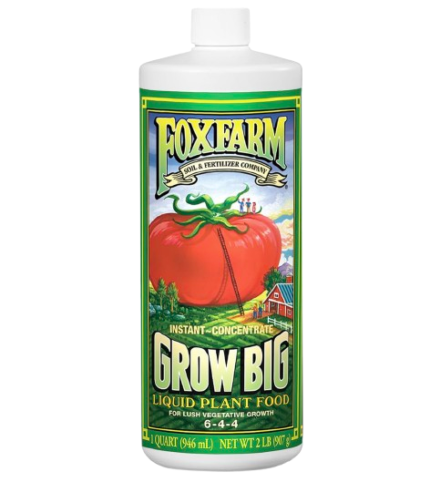 Bottle of Fox Farm Grow Big liquid plant food concentrate with illustrated label featuring oversized tomato graphic, formulated for lush vegetative growth with a 6-4-4 nutrient ratio.
