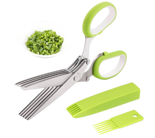 Multi-blade herb scissors with five stainless steel blades and green ergonomic handles, shown with a cleaning comb and freshly chopped herbs on a white plate.