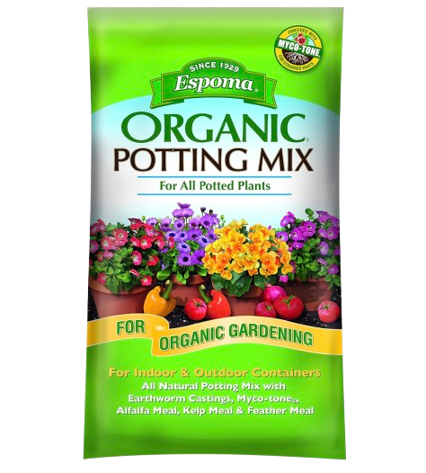 Bag of Espoma Organic Potting Mix labeled for all potted plants, featuring bright green packaging with colorful flowers and vegetables, enriched with natural ingredients like earthworm castings and myco-tone.