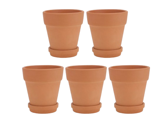 Set of five classic terracotta clay plant pots with matching saucers, each featuring a drainage hole and natural matte finish for indoor or outdoor planting.