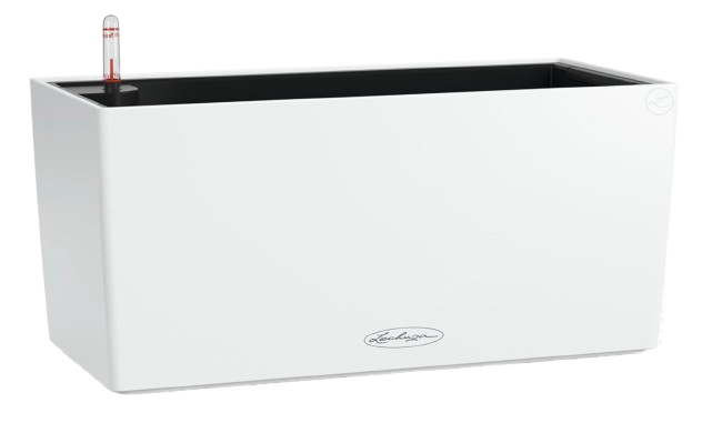 Rectangular white Lechuza Balconera self-watering planter with built-in water reservoir and level indicator, designed for windowsills or balcony railings.