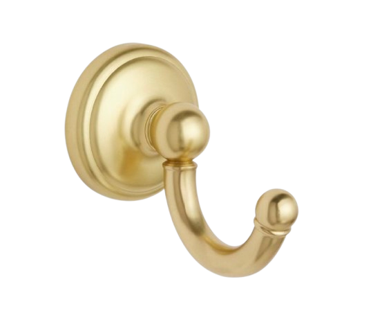 Unlacquered cast brass wall hook with a warm golden finish, featuring a rounded backplate and curved double-prong hook design.