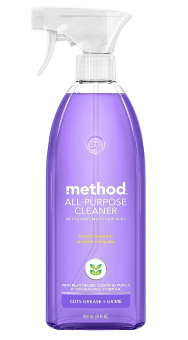 Method all-purpose cleaner in a clear spray bottle with purple liquid, plant-based formula in French lavender scent for cutting grease and grime.