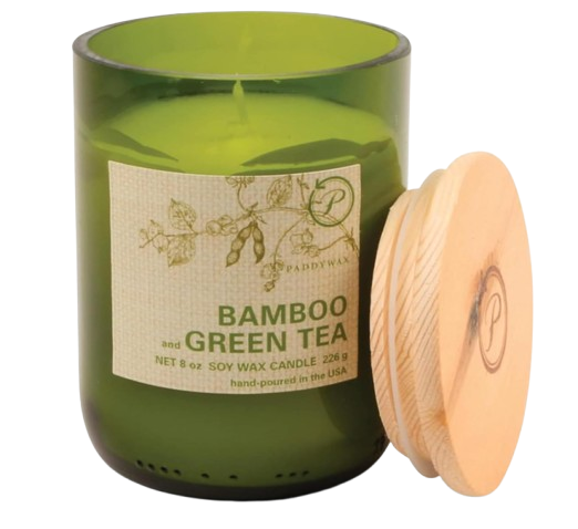 Paddywax bamboo and green tea scented soy candle in a green glass jar with wooden lid, designed for a clean, fresh fragrance.