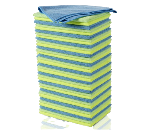 Stack of blue and green microfiber cleaning cloths designed for streak-free dusting, polishing, and multi-surface cleaning.