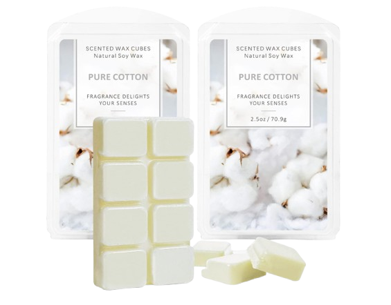 Pure cotton scented wax melts in a plastic clamshell package, with soft white cubes designed for use in wax warmers.