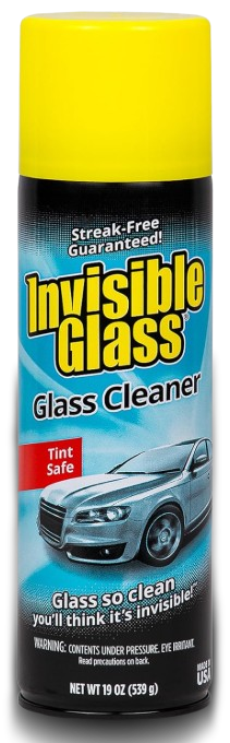 Invisible Glass aerosol cleaner with yellow cap, designed for streak-free cleaning on windows, mirrors, and automotive glass.