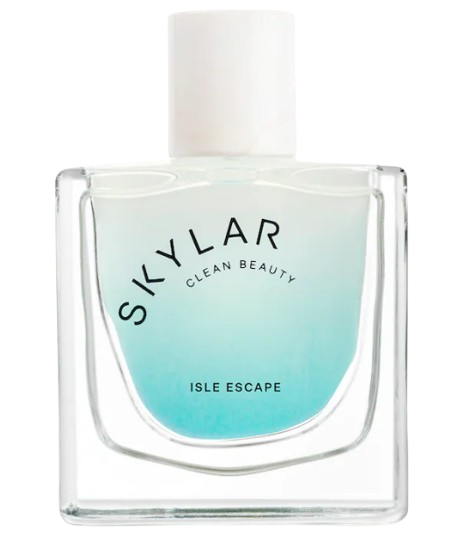 SKYLAR Isle Escape Eau de Parfum in a clear rectangular bottle with turquoise ombré liquid and white cap, clean beauty fragrance.