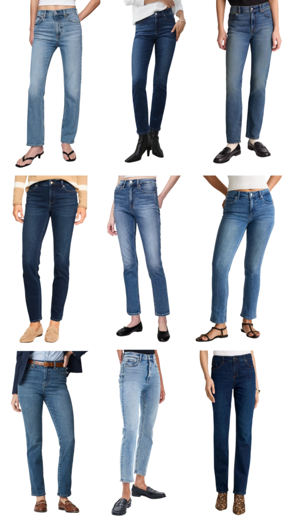 Shoppable collage of slim leg jeans