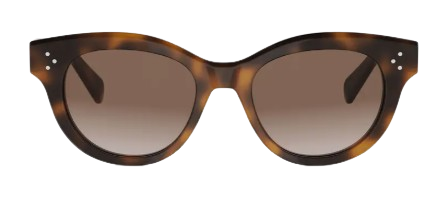 Round sunglasses with a slim dark frame, tinted lenses, and small gold-tone dot accents at the temples, shown from the front.