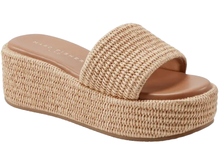 Marc Fisher LTD Daylin platform sandal featuring natural woven raffia texture, wide strap upper, cushioned footbed, and a chunky platform sole in a neutral tan tone.