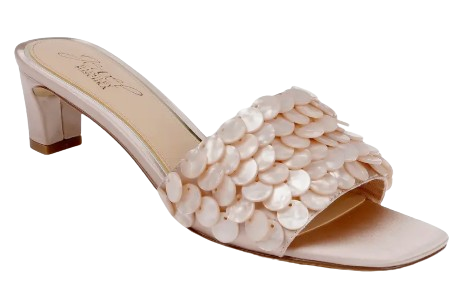 Jewel Badgley Mischka Pacific block heel sandals in nude satin featuring a low block heel, open square toe, and wide strap adorned with layered pearlescent shell embellishments.