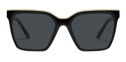 Black oversized square sunglasses with dark lenses and a gold-tone brow bar detail across the top, shown from the front.
