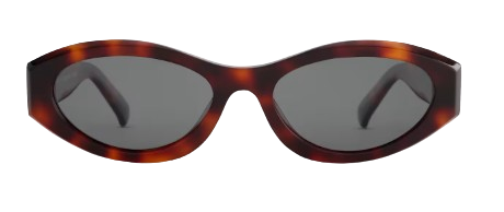 Brown tortoise acetate cat-eye sunglasses with grey polarized lenses, shown from the front.