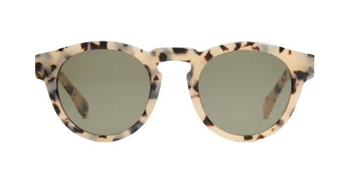 White tortoise acetate sunglasses with a rounded cat-eye shape and green polarized lenses, shown from the front.