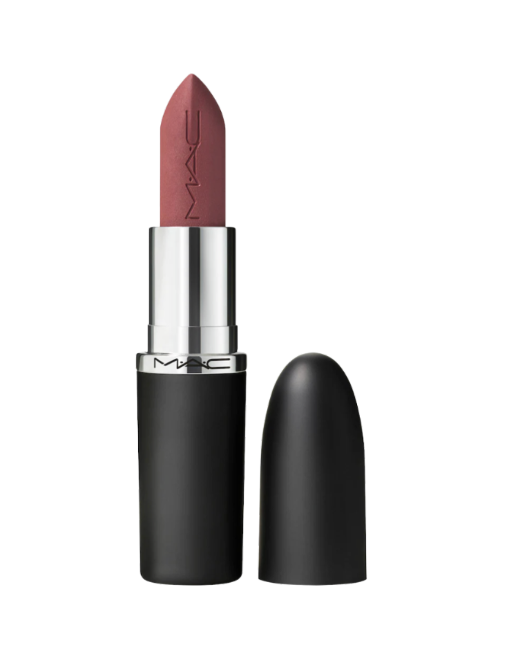 MAC Cosmetics lipstick in a rosy mauve-brown shade shown in the matte black tube with cap beside it on a white background — a universally flattering makeup artist-favorite lip color for women over 50, available at Sephora.