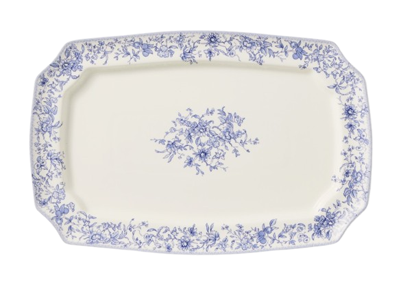 Rectangular serving platter with a classic blue and white English floral pattern, featuring delicate botanical detailing along the border and center.